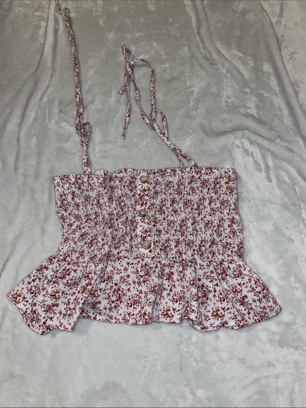 Paper Crane White Floral Smocked Peplum Cami with Rust Details